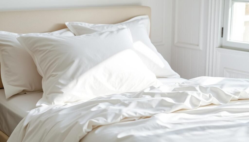 Luxurious cotton bed sheets and pillowcases arranged on a bed