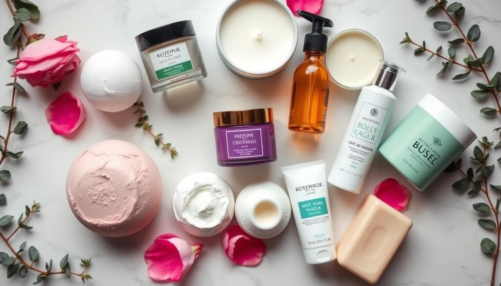 Luxurious self-care gift set with bath products and candles, perfect gift ideas for women who need relaxation