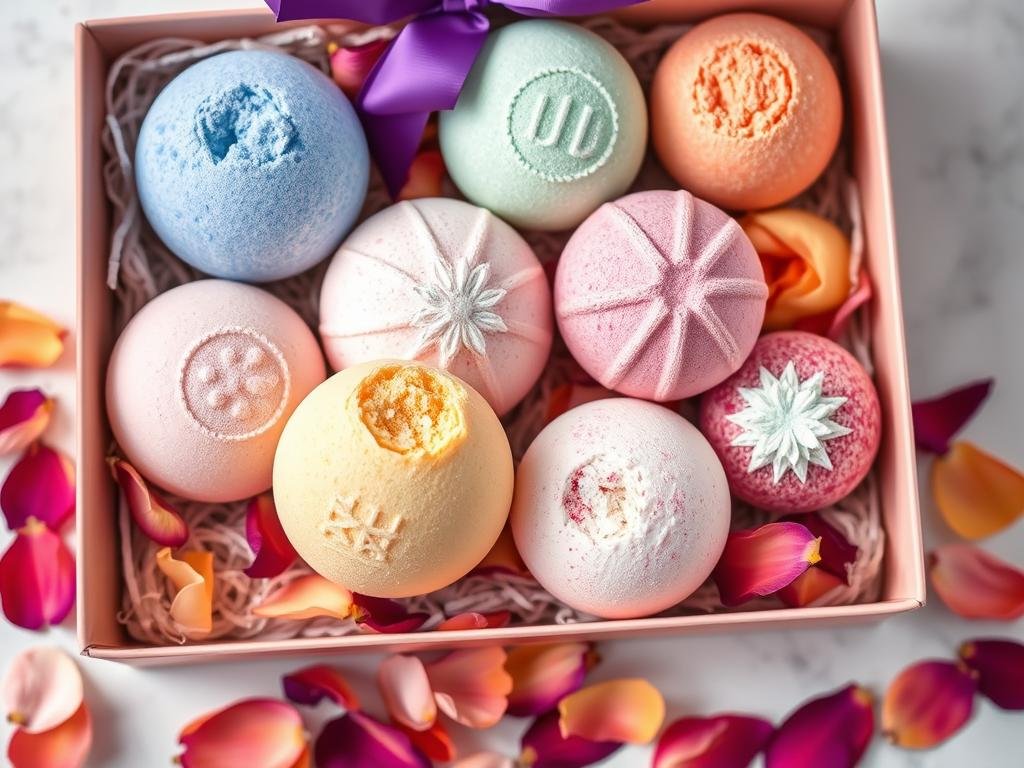 Luxury bath bomb set in various colors and scents, relaxing gift idea for women