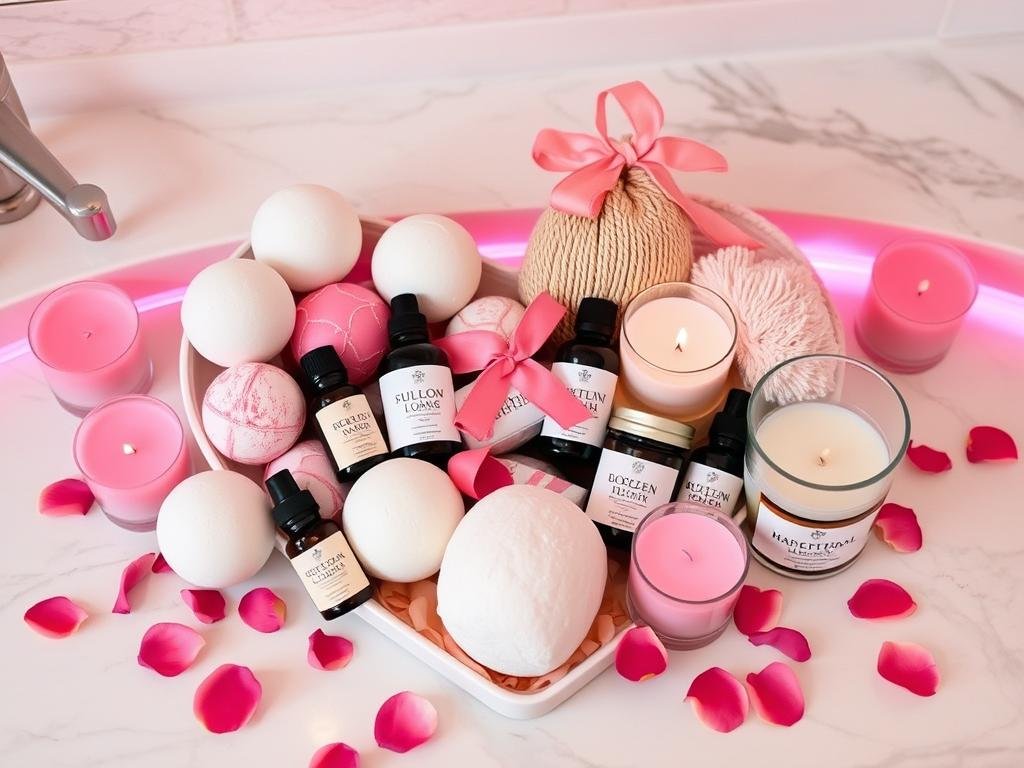 Luxury bath gift set with rose petals and candles - cute valentines gifts