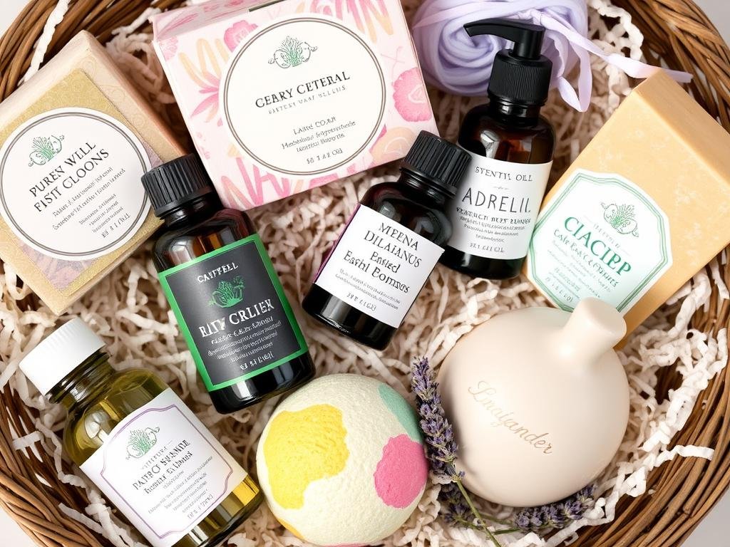 Luxury bath products including soaps, bath bombs, and essential oils in a gift basket