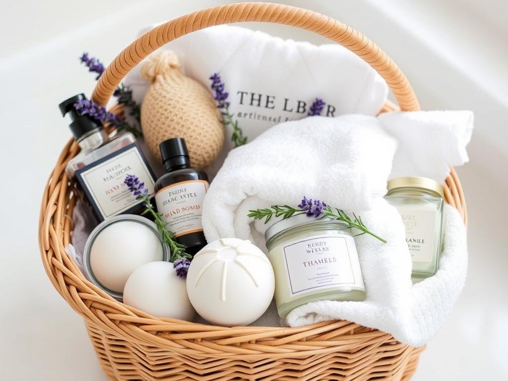 Luxury bathroom gift basket with towels, soaps, and bath bombs