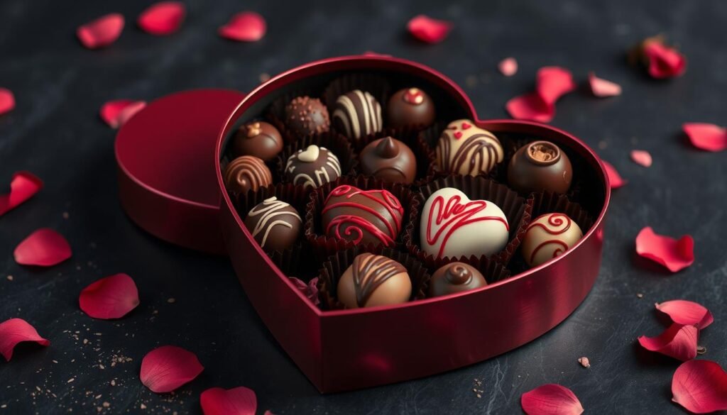 Luxury chocolate assortment in heart-shaped box as valentines gift for girlfriend