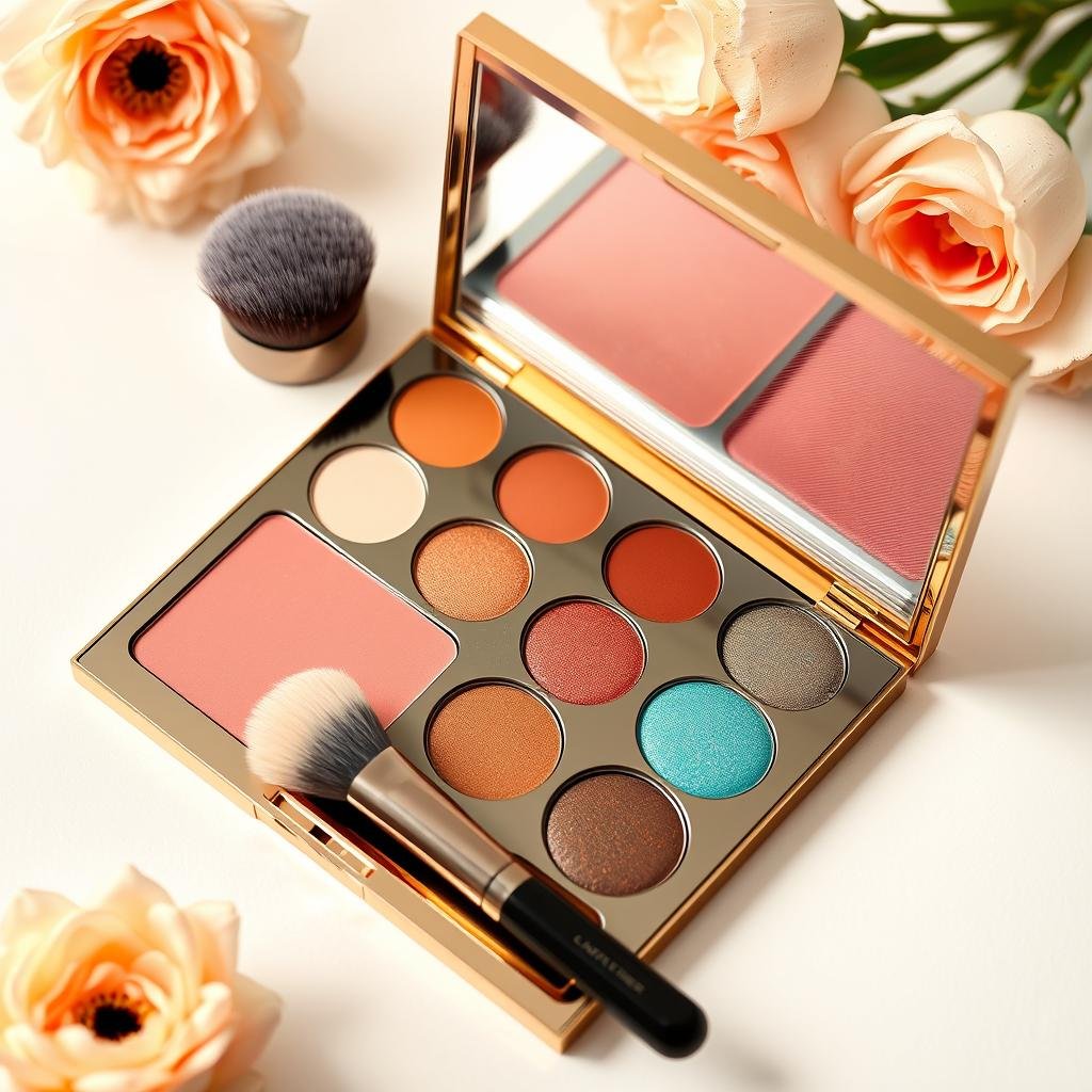 Luxury makeup palette with eyeshadows and face products, premium gift idea for women