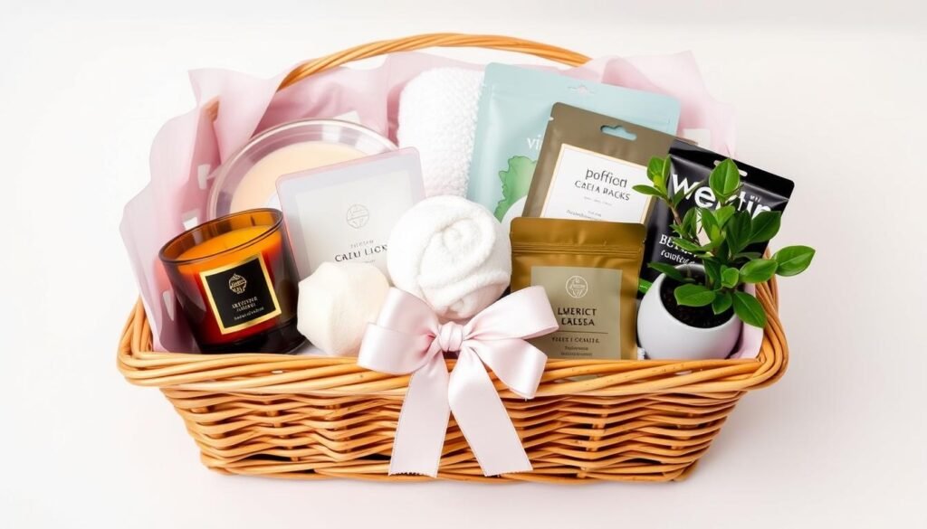 Luxury self-care gift basket with candles, bath products, and cozy items