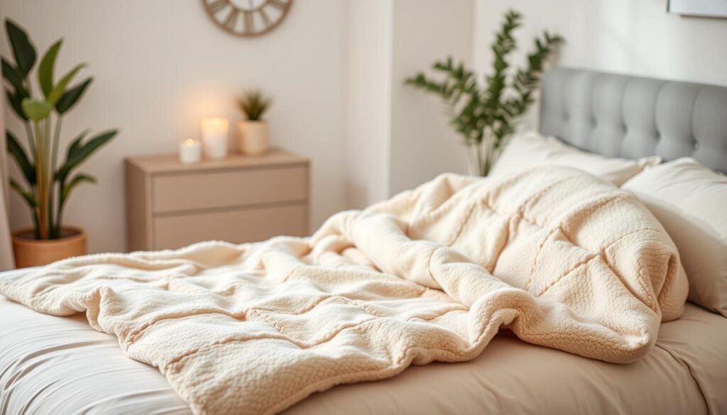 Luxury weighted blanket with soft, plush cover in a calming bedroom setting