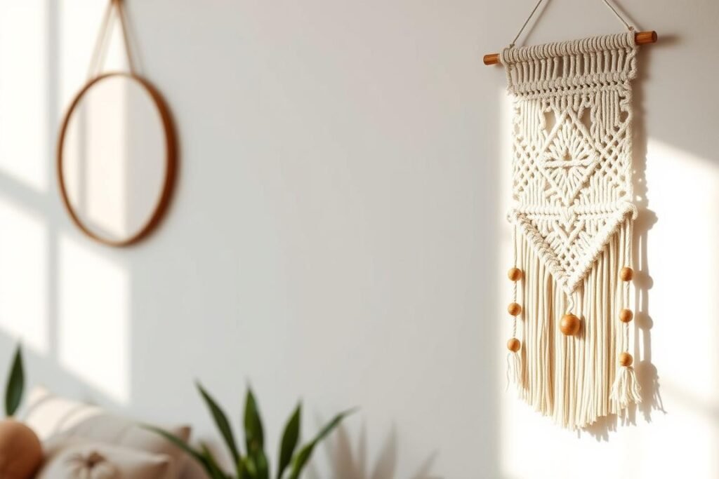 Macramé wall hanging in natural cotton with wooden beads on a neutral wall