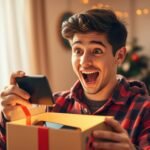 Man excitedly opening a tech gadget gift box with a surprised expression on his face