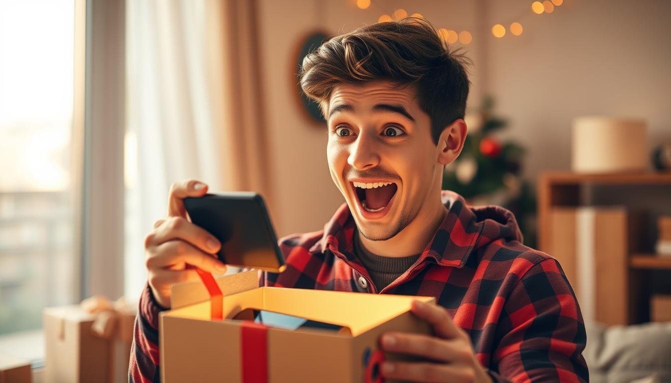 Man excitedly opening a tech gadget gift box with a surprised expression on his face