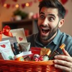 Man opening a Valentine's Day gift basket with a surprised and happy expression