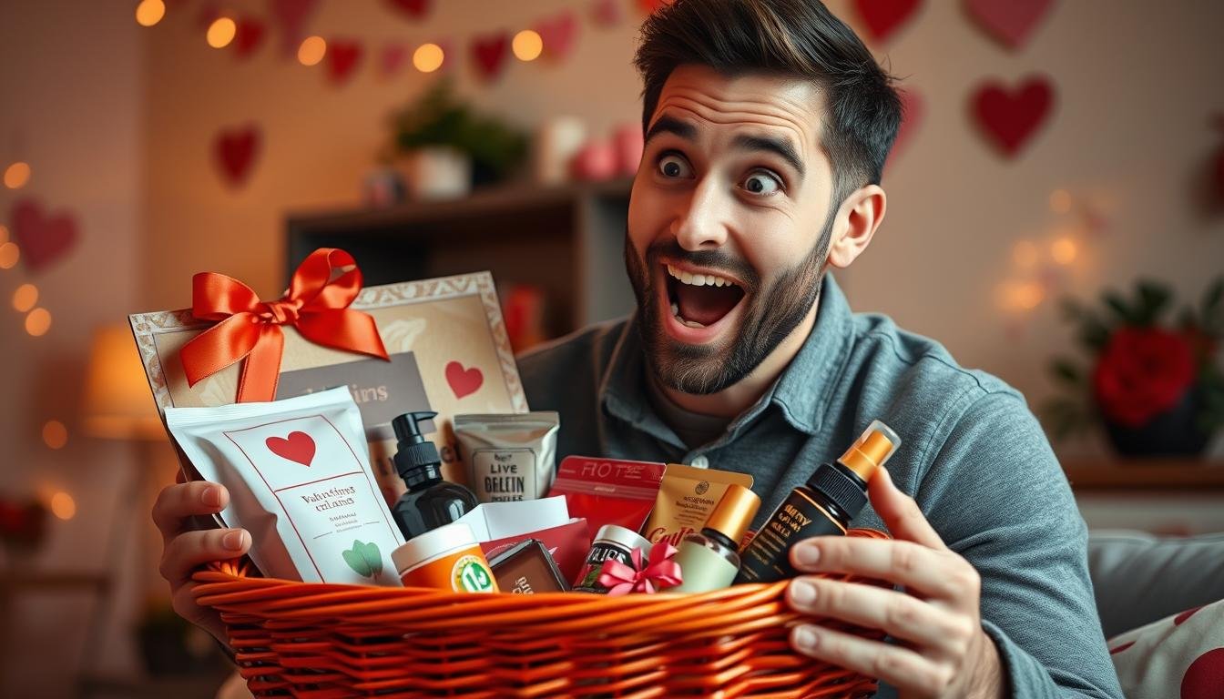Man opening a Valentine's Day gift basket with a surprised and happy expression