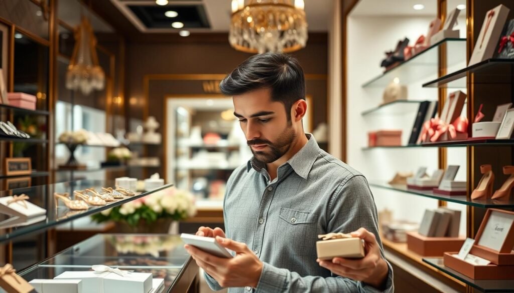 Man thoughtfully selecting the perfect anniversary gift for her
