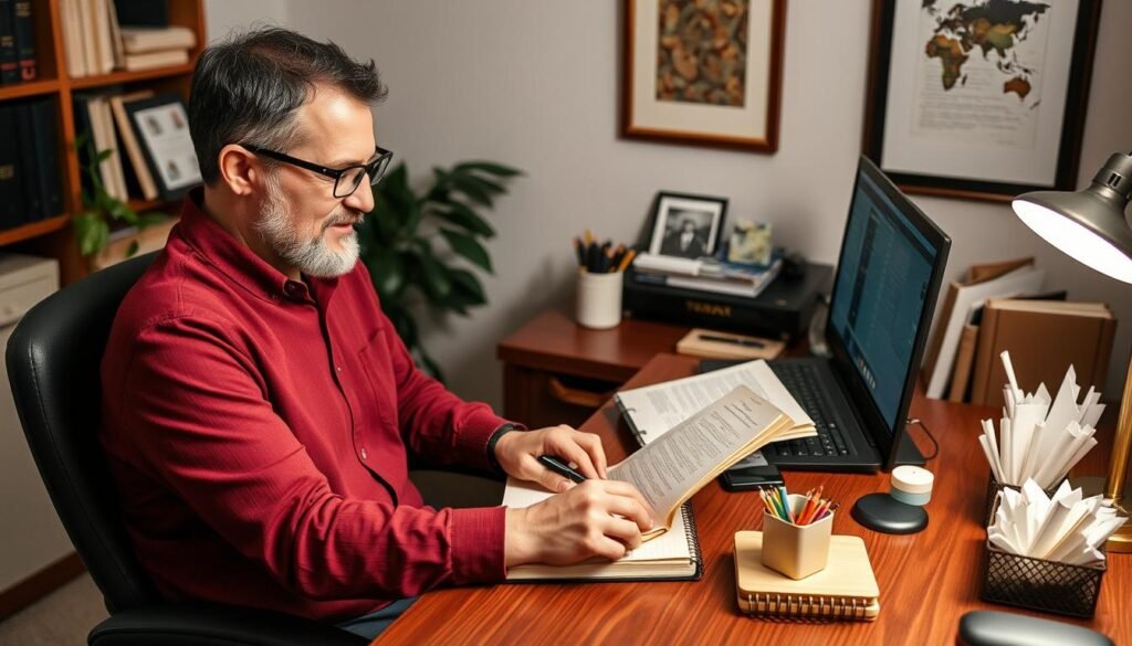 Man using various paper-themed gifts in a home office setting Man using various paper-themed gifts in a home office setting