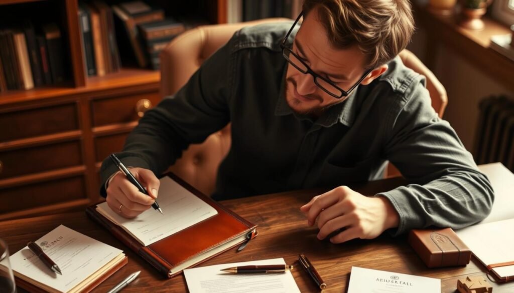 Man writing in a personalized journal at a desk with stationery items Man writing in a personalized journal at a desk with stationery items