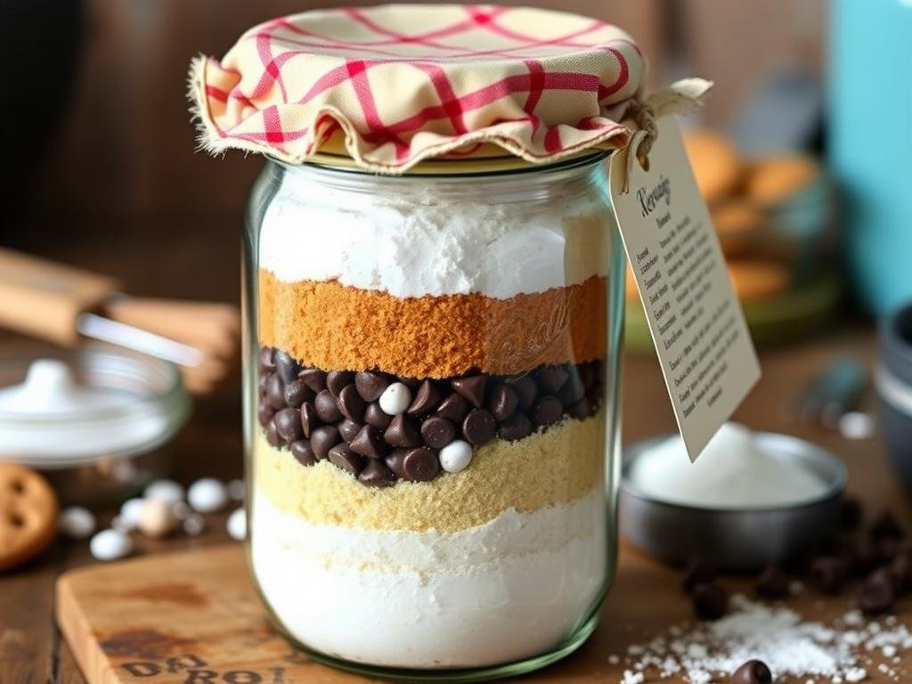 Mason jar filled with layered cookie mix ingredients as a small gift for neighbors