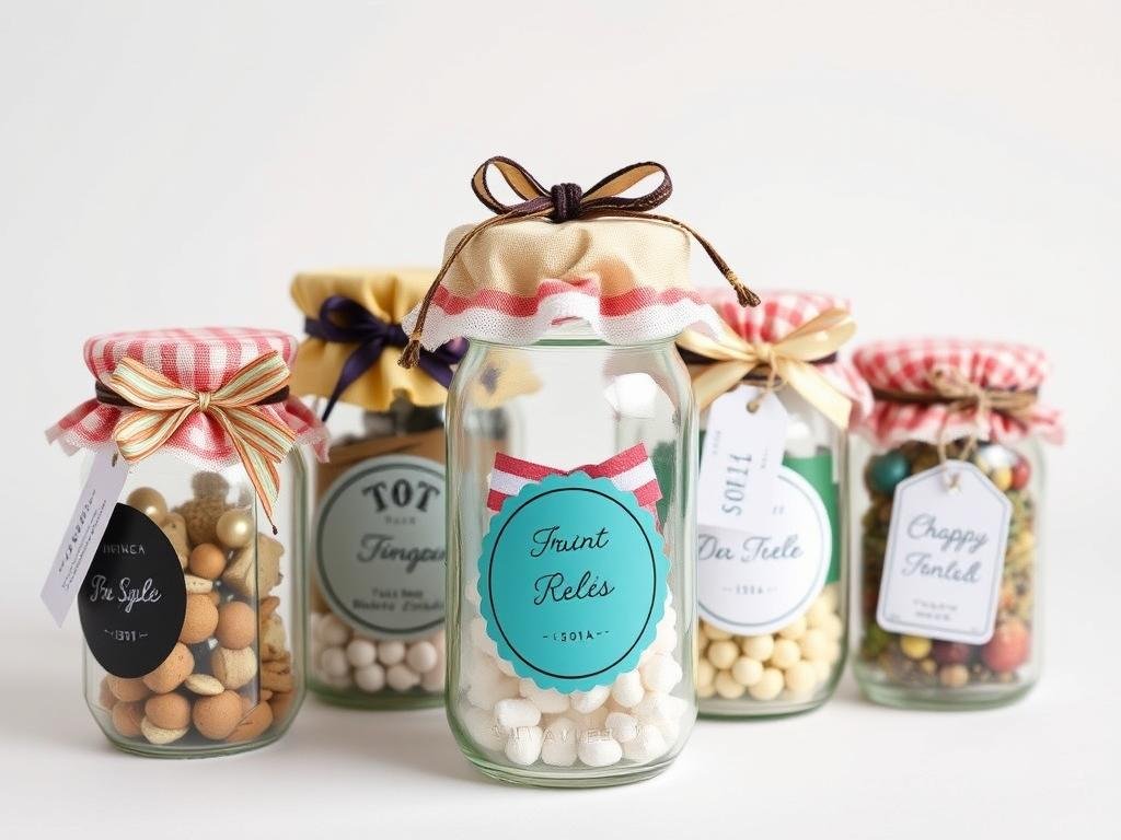 Mason jars decorated as gift packaging for handmade items