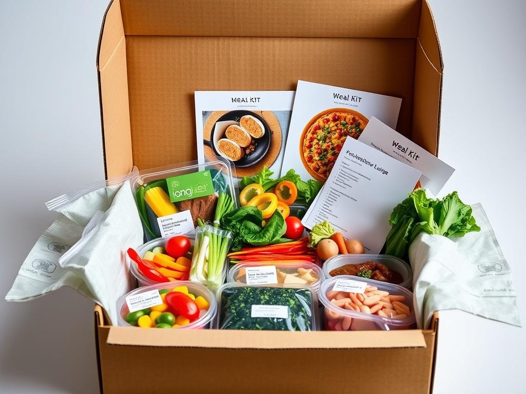 Meal kit delivery box with fresh ingredients and recipe cards