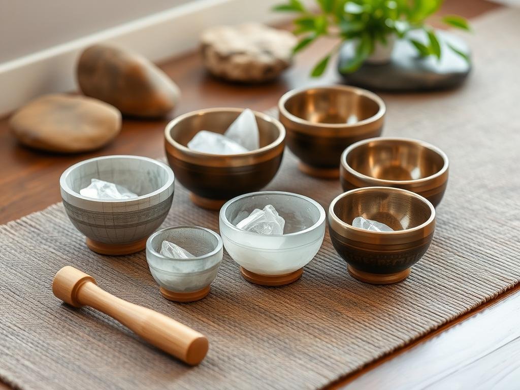 Meditation sound bath set with crystal singing bowls in various sizes arranged on a textured mat