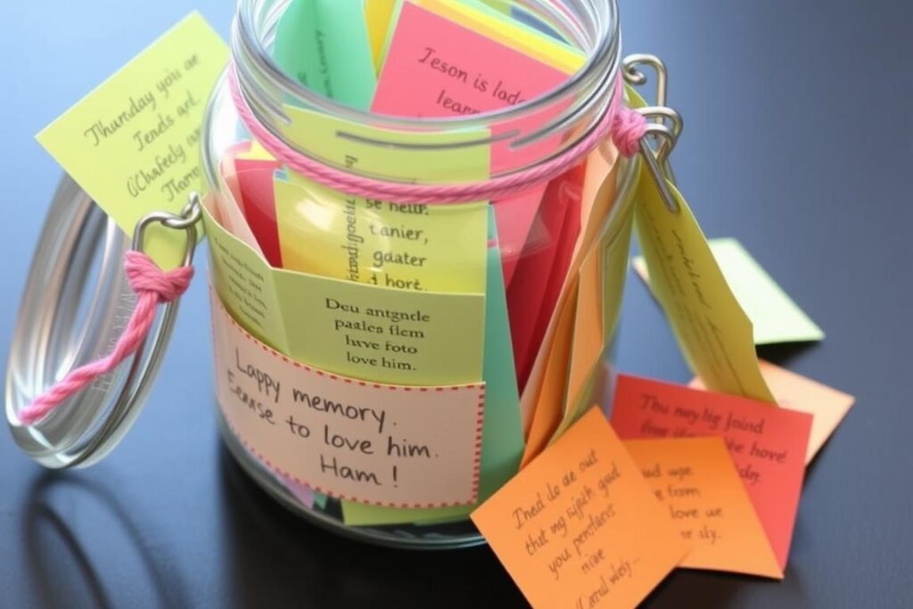 Memory jar filled with colorful notes as a sweet cute gift for boyfriend