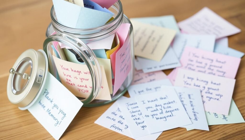 Memory jar filled with colorful notes of shared experiences