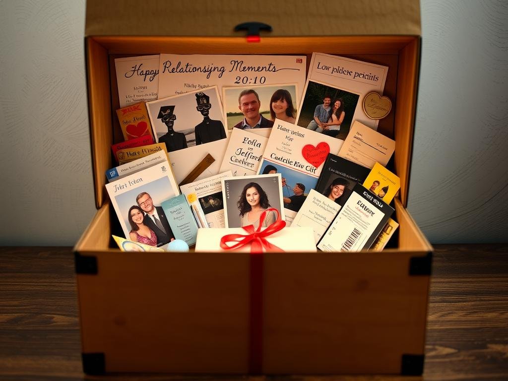 Memory lane box filled with relationship mementos as romantic gifts presentation