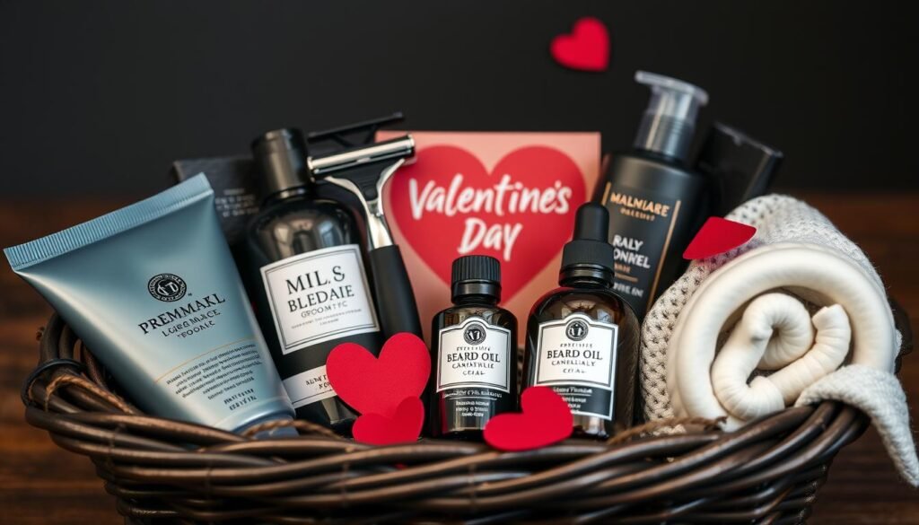 Men's self-care Valentine's Day basket with grooming products and relaxation items