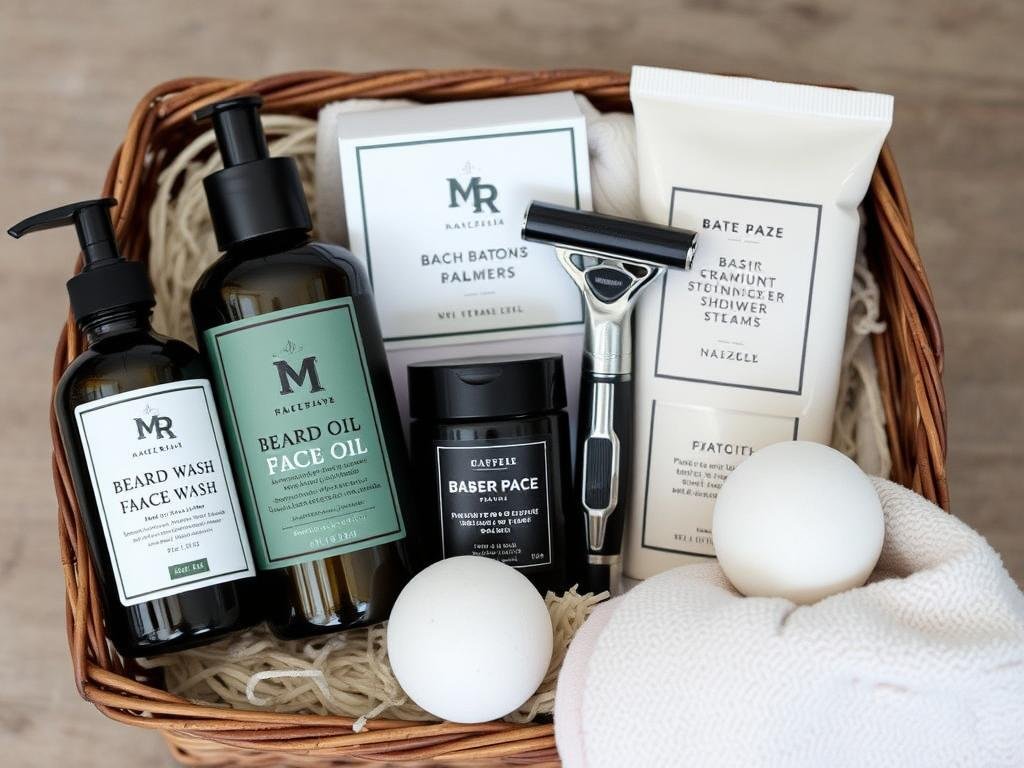 Men's self-care gift basket with grooming products and relaxation items