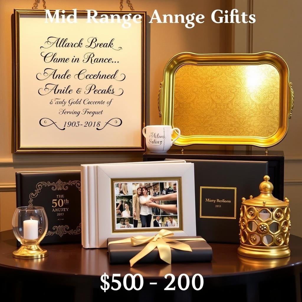 Mid-range 50th anniversary gifts between $50-200 including custom artwork, quality home items, and personalized keepsakes