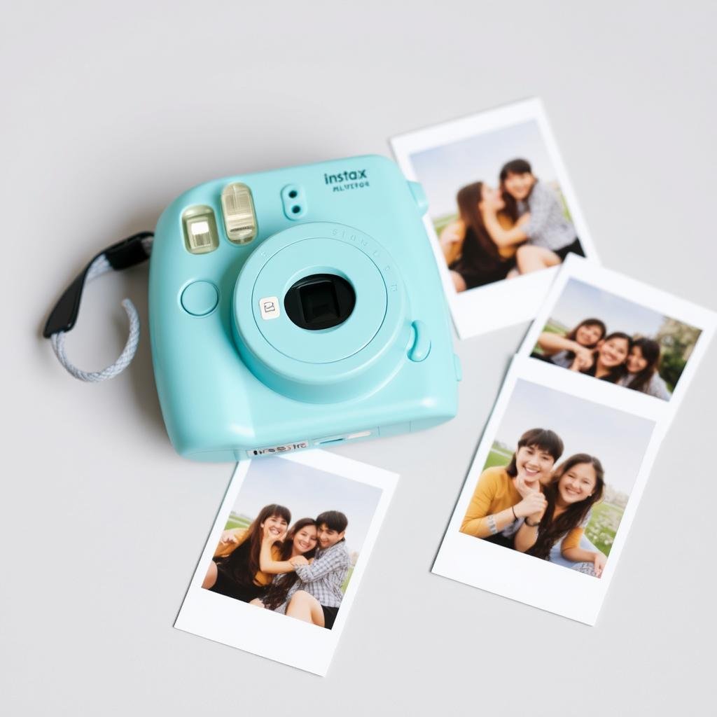 Mini instant camera with sample photos printed