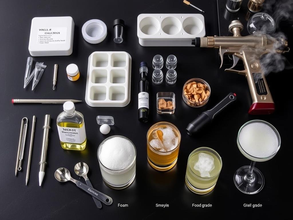 Molecular mixology kit with tools for creating foam, spheres, and smoke effects