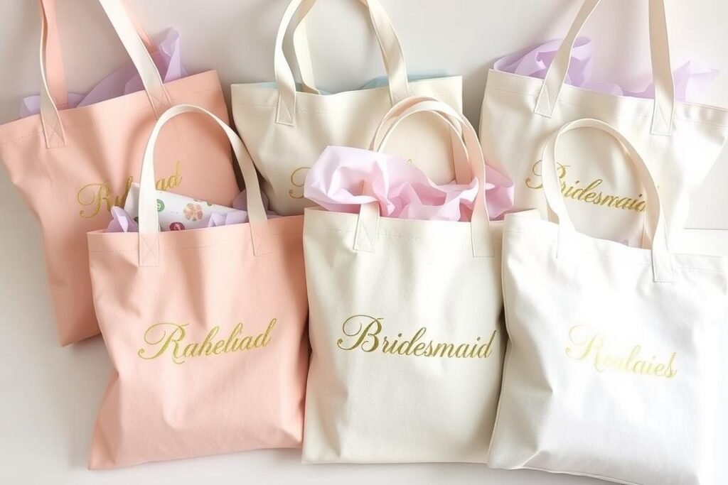 Monogrammed bridesmaid tote bags in various colors