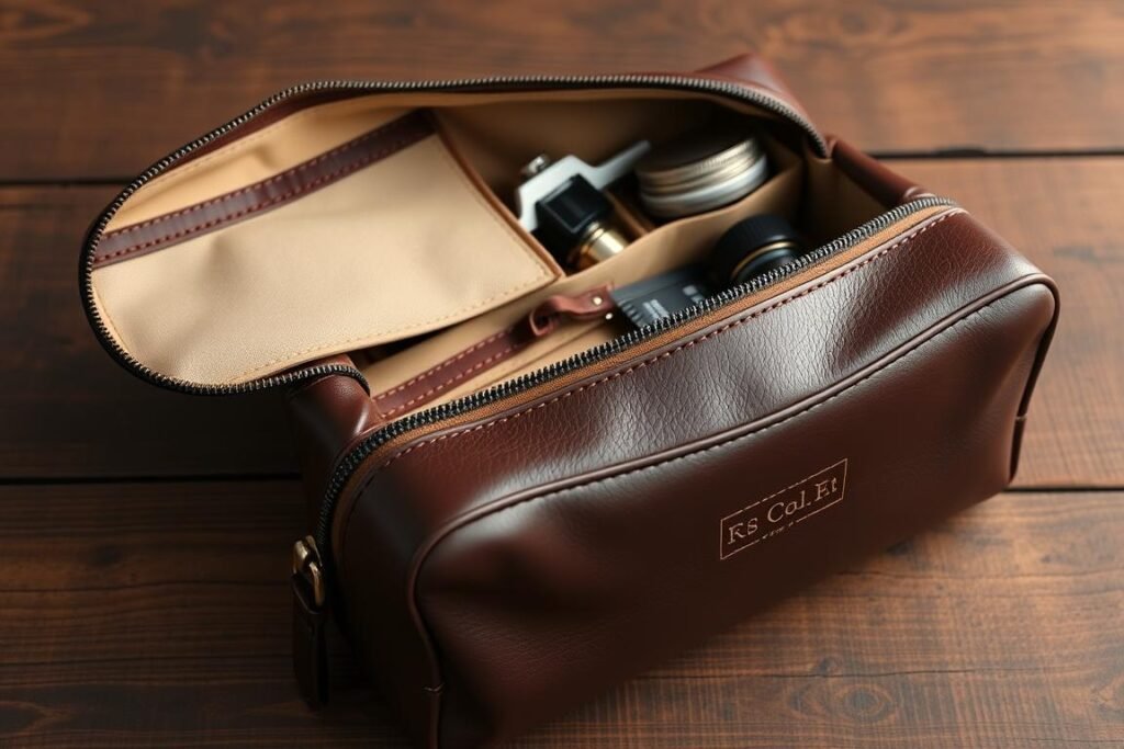 Monogrammed leather toiletry bag for men