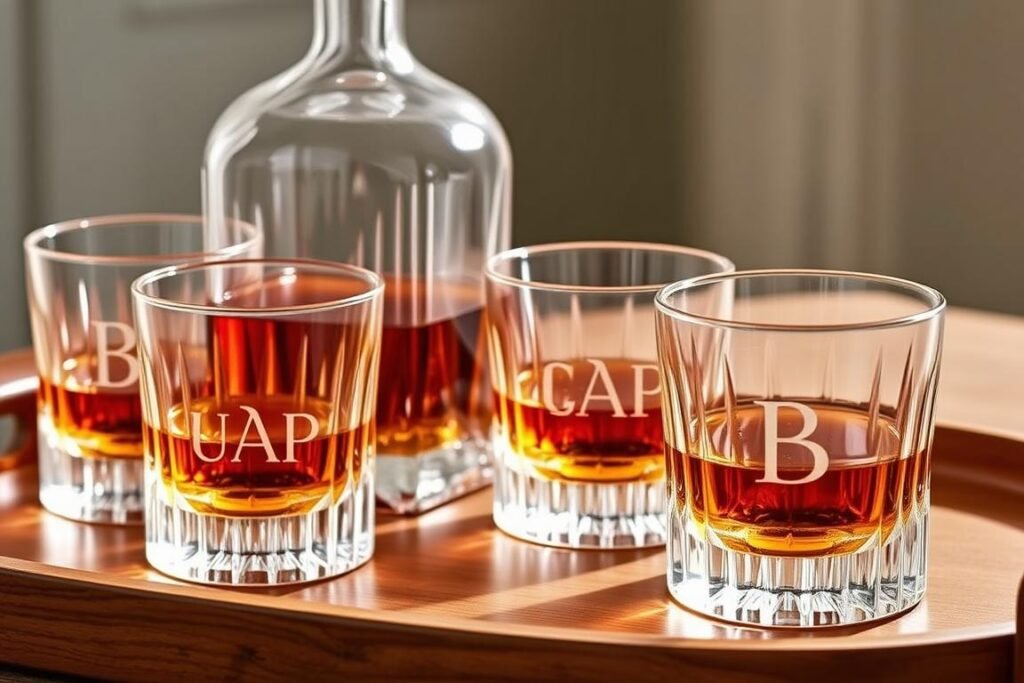 Monogrammed whiskey decanter set as a 1 year anniversary gift for him