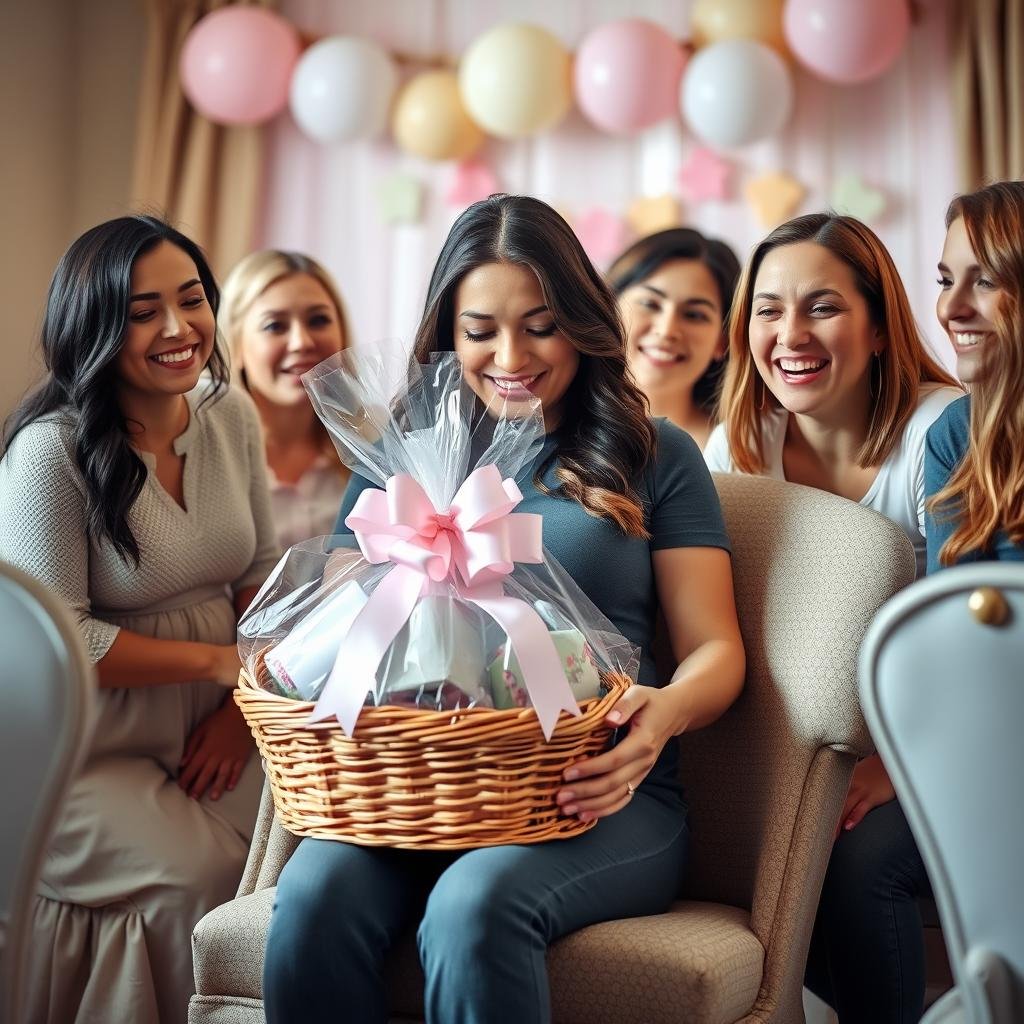 Mother opening a baby shower gift basket at her shower party