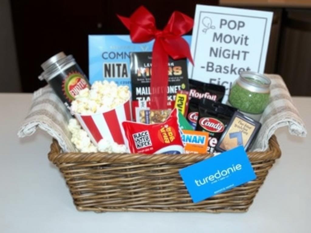 Movie night basket with snacks and films