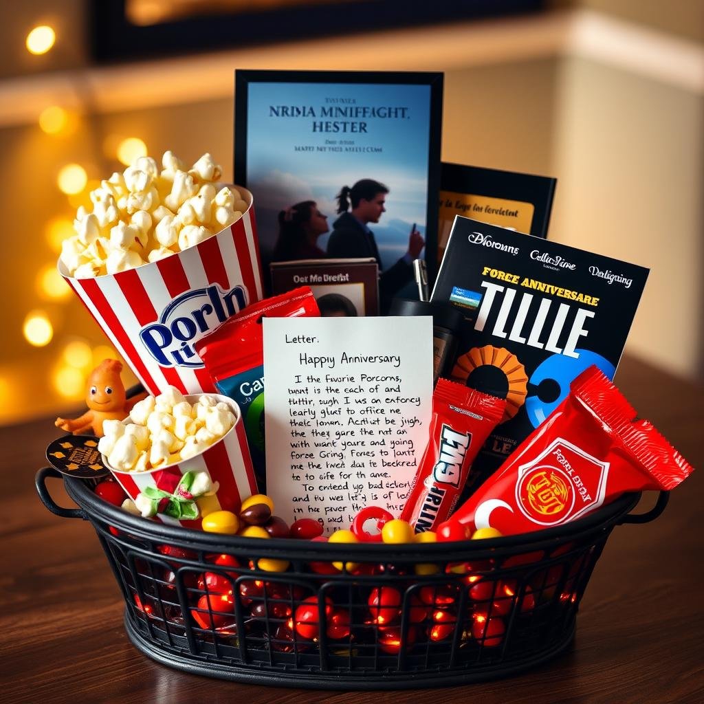 Movie night gift basket with future letter as a 1 year anniversary gift