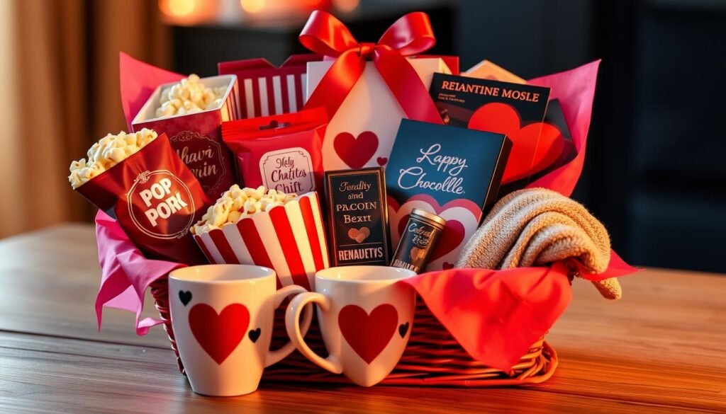 Movie night gift basket with popcorn and treats - cute valentines gifts