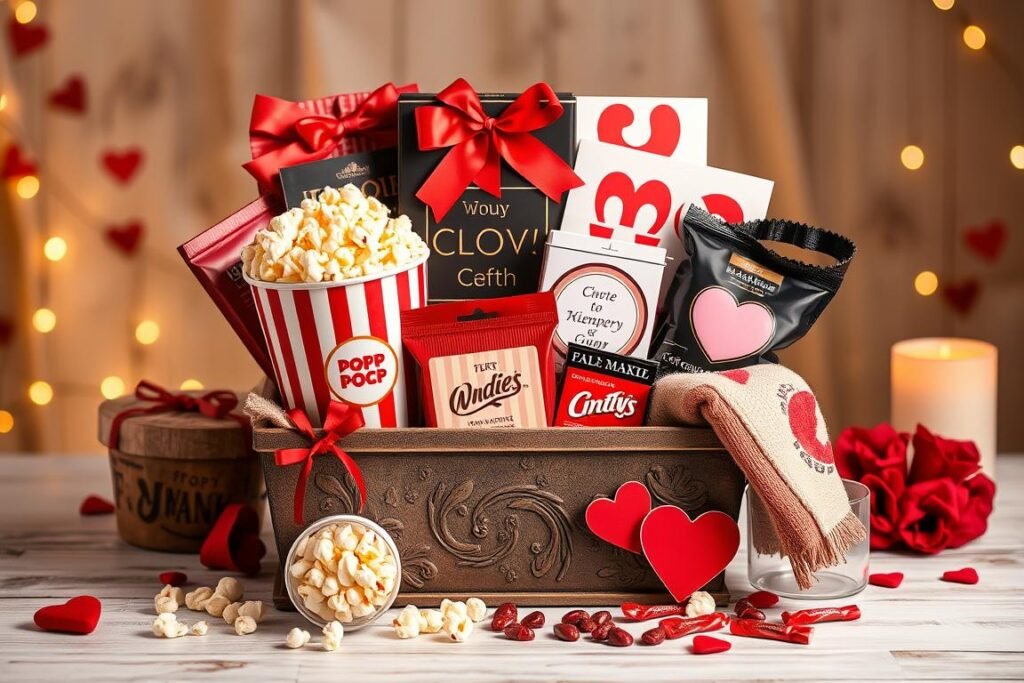 Movie night gift basket with snacks and blanket as valentines gift for girlfriend