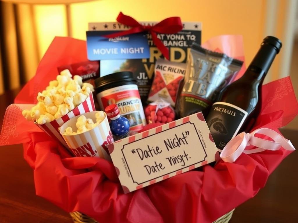 Movie night gift basket with snacks and films as boyfriend anniversary gift