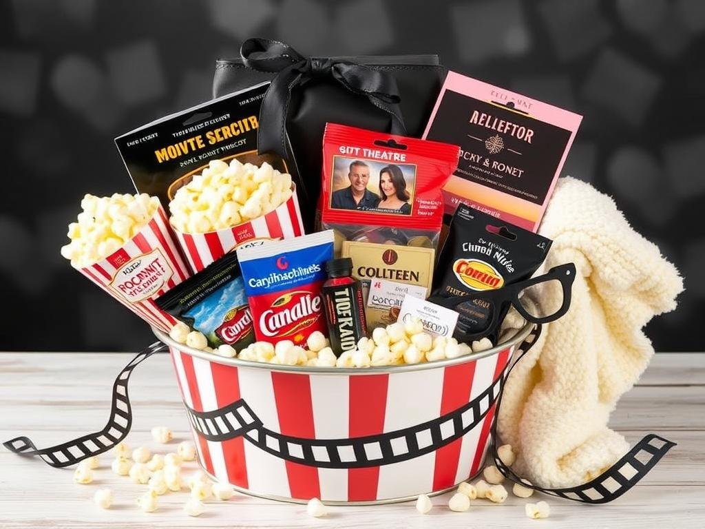 Movie night gift basket with snacks, blanket, and movie-themed items