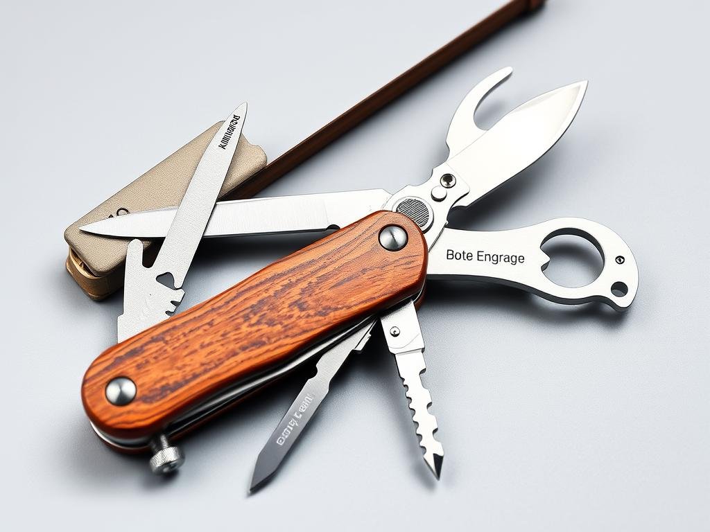 Multi-tool pocket knife with wooden handle for groomsmen
