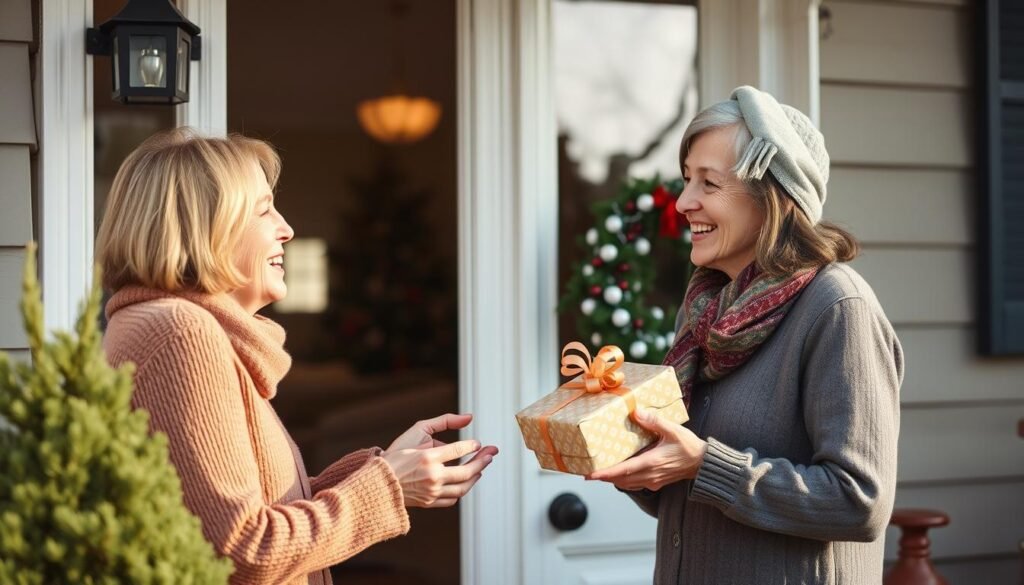 Neighbor accepting a small gift at their front door