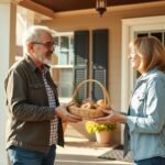 Neighbors exchanging small gifts on a front porch, building community bonds