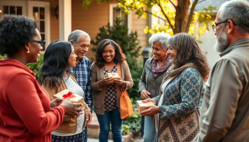Neighbors gathered together at a community event, symbolizing the connections built through small gifts
