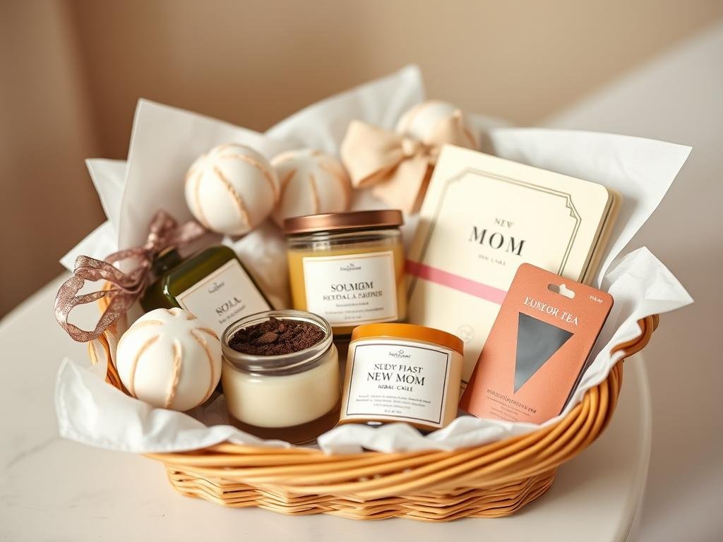 New mom self-care gift basket with spa products and treats