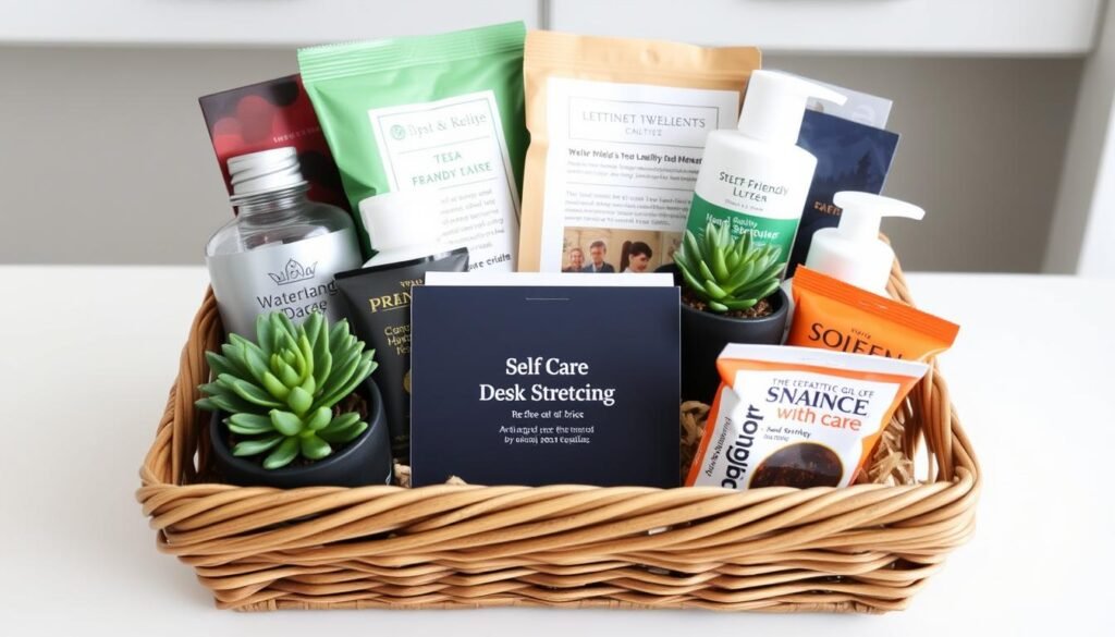 Office wellness gift basket with self-care items for workplace use
