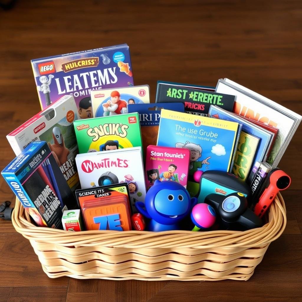 Older kids gift basket with more complex games and creative activities