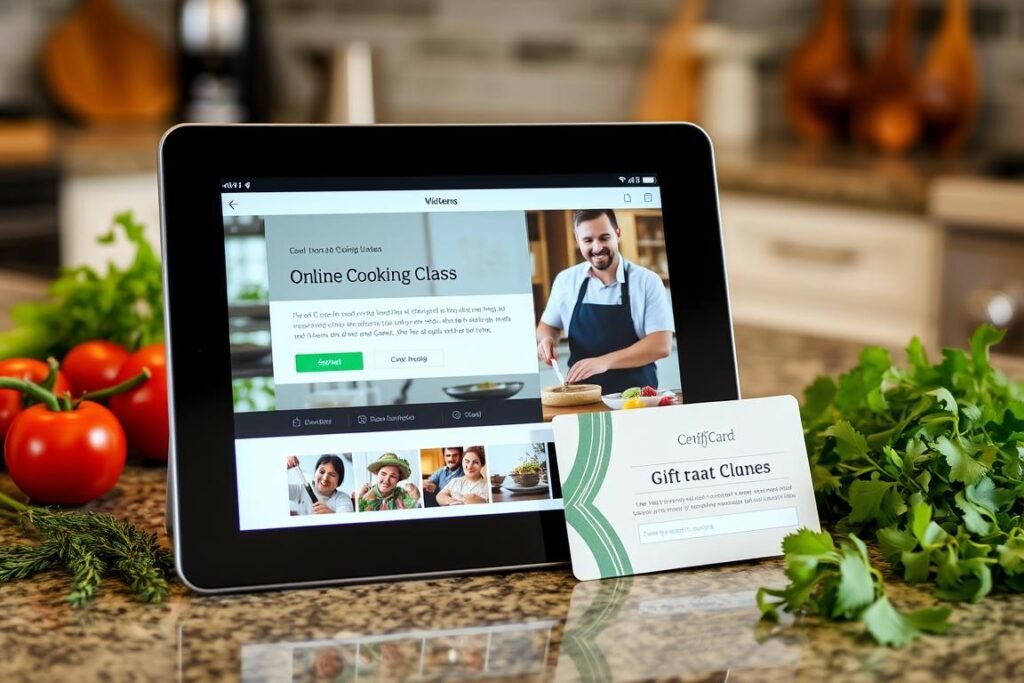 Online cooking class gift card displayed on tablet with ingredients nearby creative gift ideas