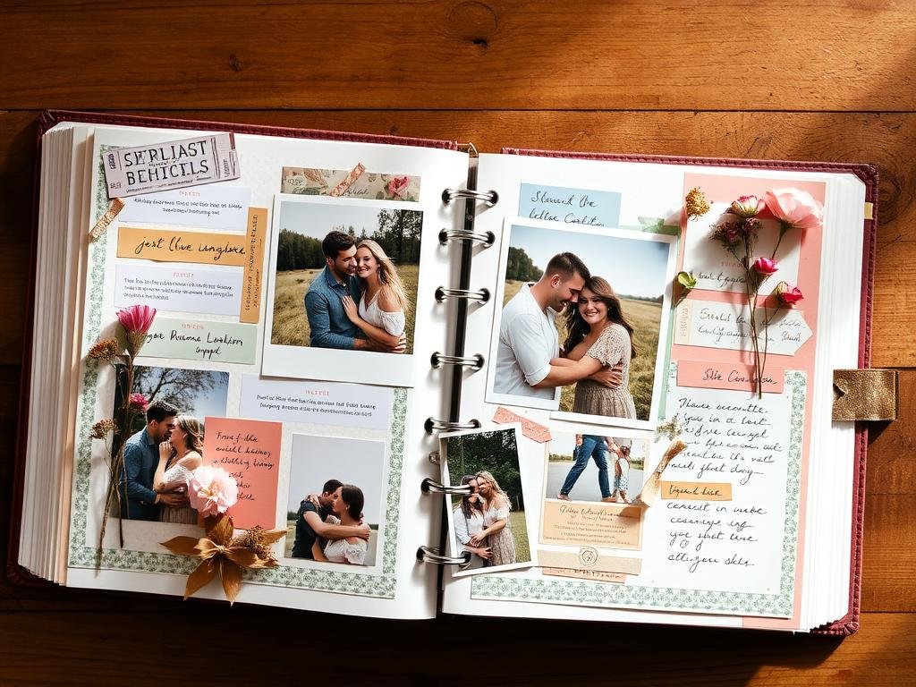Open scrapbook displaying couple's photos and memorabilia as a boyfriend anniversary gift