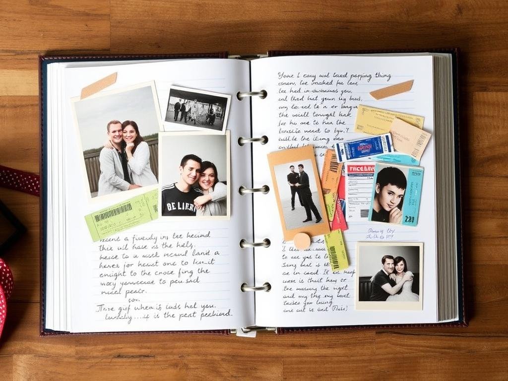 Open scrapbook or memory book filled with relationship photos and mementos